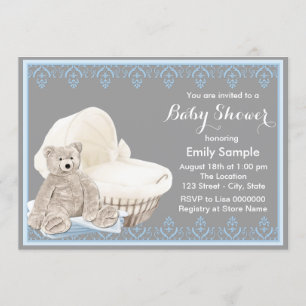 Invitation Fête bébé ours en peluche gris et bleu