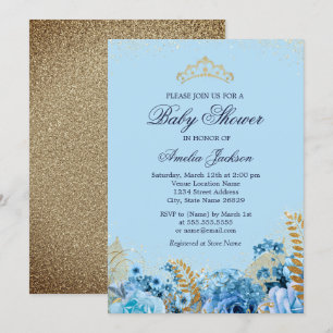 Invitation Fête bébé paillettes bleu or floral scintillant