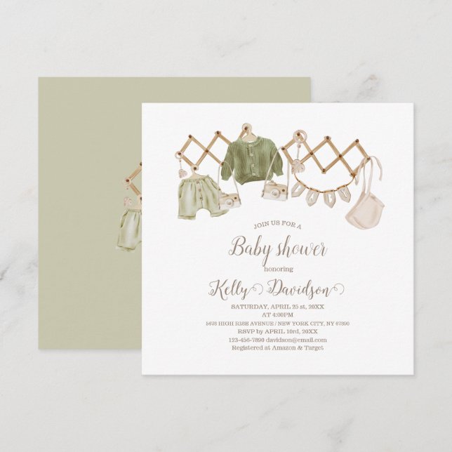 Invitation Fête bébé pour une chambre de bébé bohème neutre (Devant / Derrière)