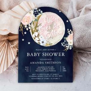 Invitation Fête Bébé Rose Floral Sur La Lune Bleu Marine