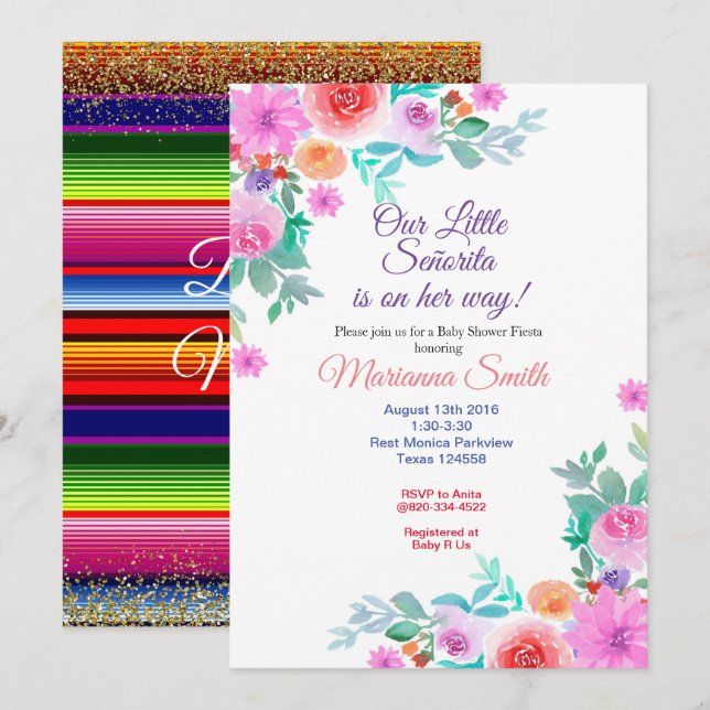 Invitation Fête Bébé Señorita Fleur Fiesta Fille D (Devant / Derrière)