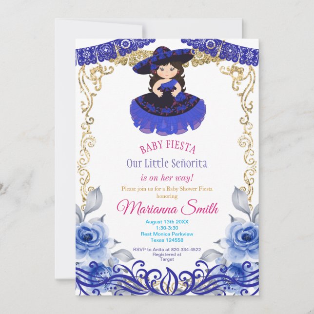 Invitation Fête Bébé Thème Fiesta Mexicaine Roses Bleu Royal  (Devant)