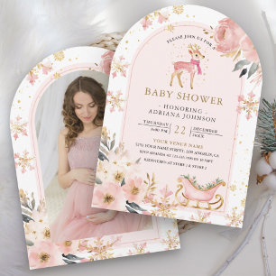 Invitation Fête bébé thème forêt enchantée de cerf rose en hi