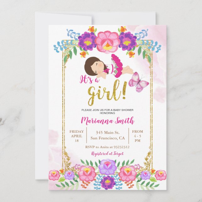 Invitation Fête bébé thème papillon floral mexicain  (Devant)
