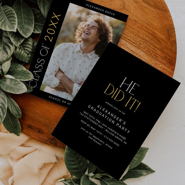 Invitation Fete Black Gold moderne Il L'A Fait Photo Graduati (Créateur téléchargé)