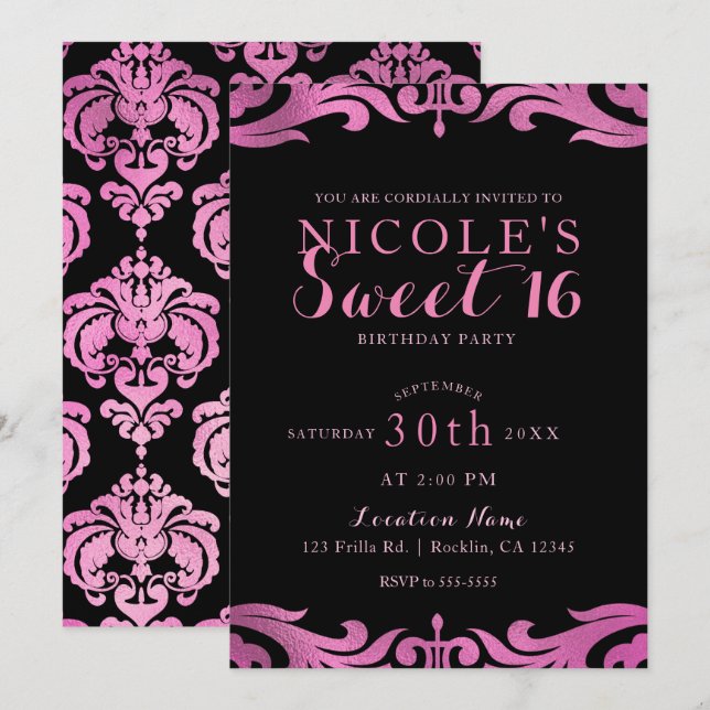 Invitation Fête Black & Pink Damask Chic Élégant Douce 16 (Devant / Derrière)