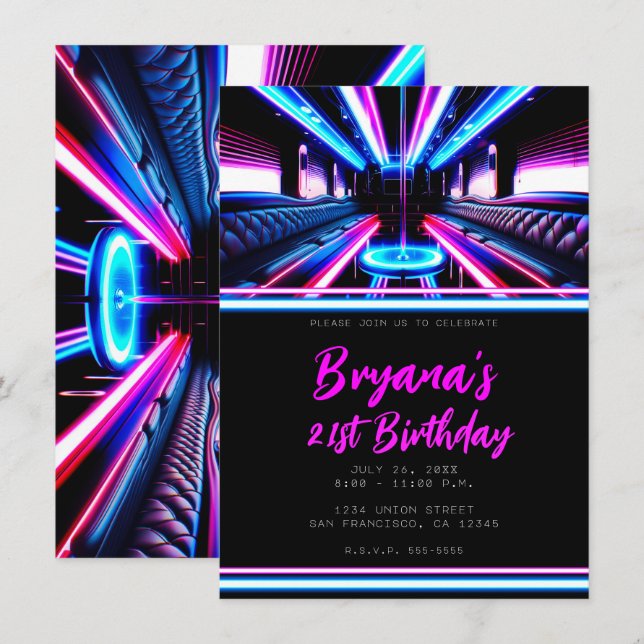 Invitation Fête Bus Luminaires Dance Floor Fête d'anniversair (Devant / Derrière)