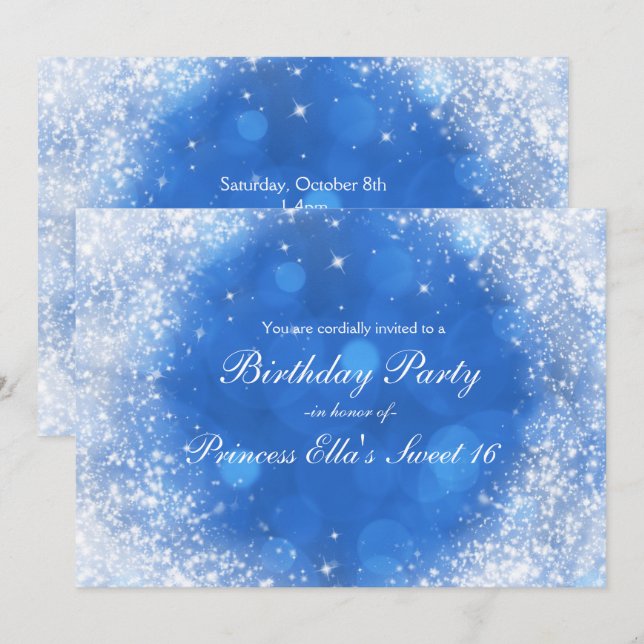 Invitation Fête Cendrillon Étincelle Bleu et Blanc pour Toute (Devant / Derrière)