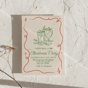 Invitation Fête Cocktail de Noël Rouge Vert Tiré À La Main
