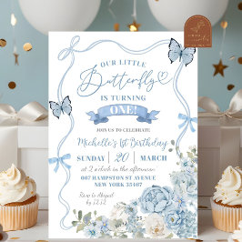 Invitation Fête Coquette Papillon Floral Bleu Poussiéreux Ann