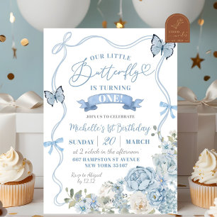 Invitation Fête Coquette Papillon Floral Bleu Poussiéreux Ann