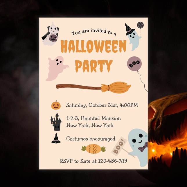 Invitation Fête Costume d'Halloween Cutest pour les enfants (Kids Halloween Party, Ghost Costume Party, Cute Ghosts, Orange color,)
