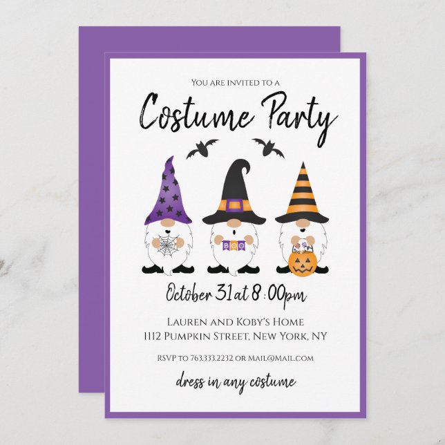Invitation Fête Costume Halloween Gnomes violet orange (Devant / Derrière)