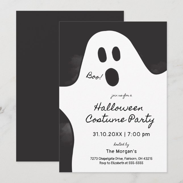 Invitation Fête Costumée Black & White Ghost Halloween (Devant / Derrière)