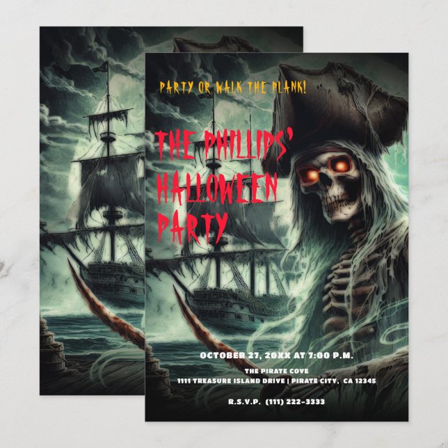 Invitation Fête Costumée Halloween du Fantôme du Bateau Pirat (Devant / Derrière)
