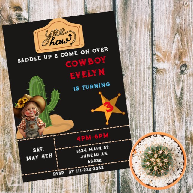Invitation Fête Cowboy Cactus Anniversaire Fille (Créateur téléchargé)