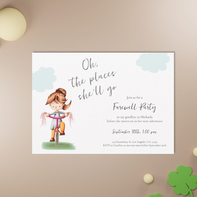 Invitation Fête d'adieu de la fille chanceuse à vélo (Farewell graduation invitation with a girl riding a bicycle illustration)