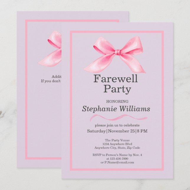 Invitation Fête d'adieu des femmes Moderne Elegant Rose Bow (Devant / Derrière)