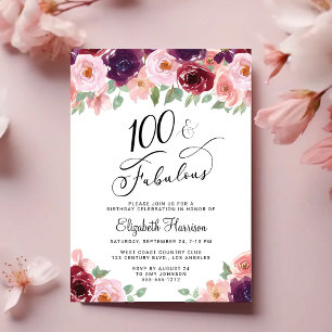 Invitation Fête d'anniversaire 100 ans Élégante Florale