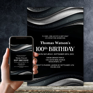Invitation Fête d'anniversaire 100 ans moderne noir et argent