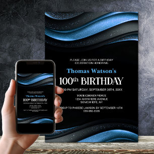 Invitation Fête d'anniversaire 100 ans moderne noir et bleu