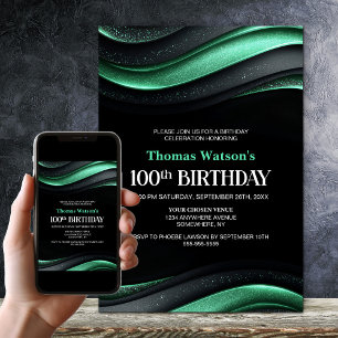 Invitation Fête d'anniversaire 100 ans moderne noir et vert