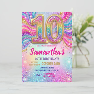 Invitation Fête d'anniversaire 10 ans Paillettes Étincelles A