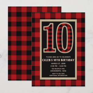 Invitation Fête d'anniversaire 10 ans plaid buffalo rouge noi
