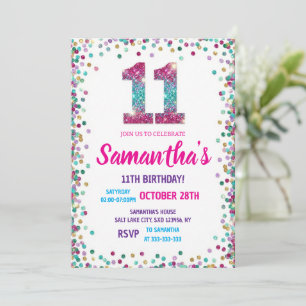 Invitation Fête d'anniversaire 11 ans Paillettes Étincelles A