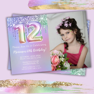 Invitation Fête d'anniversaire 12 ans Photo Violet Rose Paill