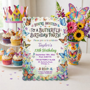Invitation Fête d'anniversaire 13 ans Papillons Colorés