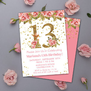 Invitation Fête d'anniversaire 13 ans thème Roses roses