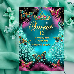 Invitation Fête d'anniversaire 16 ans douce Papillons Rose Sa