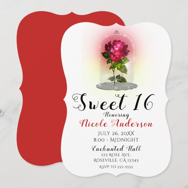 Invitation Fête d'anniversaire 16 ans douce rose rouge enchan (Devant / Derrière)