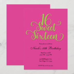 Invitation Fête d'anniversaire 16 ans douce rose vif et vert 