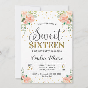 Invitation Fête d'anniversaire 16 ans Fleur de Pivoine Fille