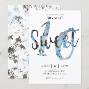 Invitation Fête d'anniversaire 16 ans Moderne Noir Bleu Or
