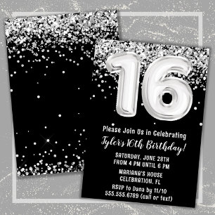 Invitation Fête d'anniversaire 16 ans Noir Blanc Argent