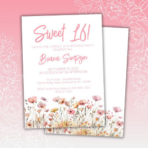 Invitation Fête d'anniversaire 16 ans thème floral rose