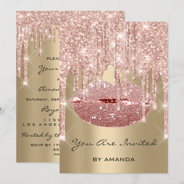 Invitation Fête d'anniversaire 16th Kiss Lips Rose Parties sc (Devant / Derrière)