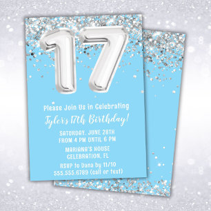 Invitation Fête d'anniversaire 17 ans Light Blue Silver