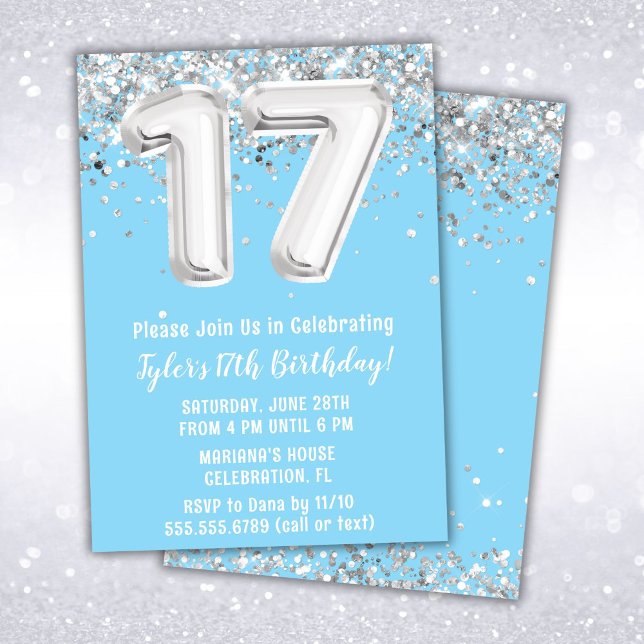 Invitation Fête d'anniversaire 17 ans Light Blue Silver (Créateur téléchargé)