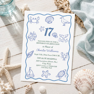 Invitation Fête d'anniversaire 17 ans : Vie marine dessinée à