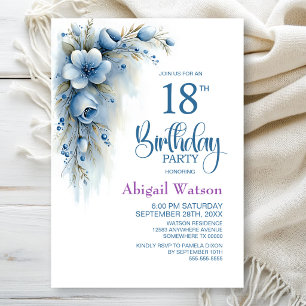 Invitation Fête d'anniversaire 18 ans à motif floral bleu