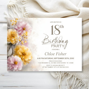 Invitation Fête d'anniversaire 18 ans aux fleurs roses et ora