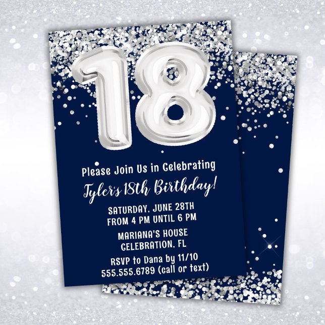 Invitation Fête d'anniversaire 18 ans Bleu marine Argent (Créateur téléchargé)