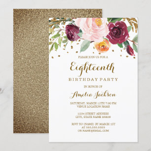 Invitation Fête d'anniversaire 18 ans Burgundy Floral Glitter