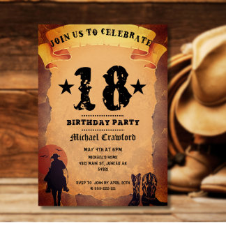 Invitation fête d'anniversaire 18 ans cowboy papier vieux che