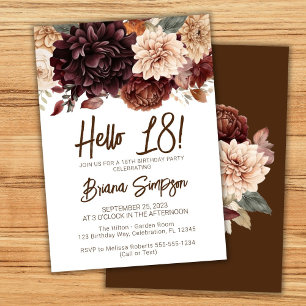 Invitation Fête d'anniversaire 18 ans Fleurs brun beige Flora
