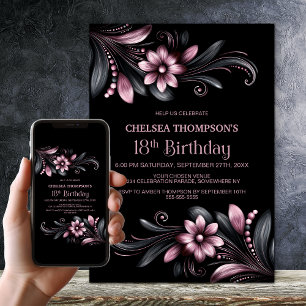 Invitation Fête d'anniversaire 18 ans Floral Black Pink